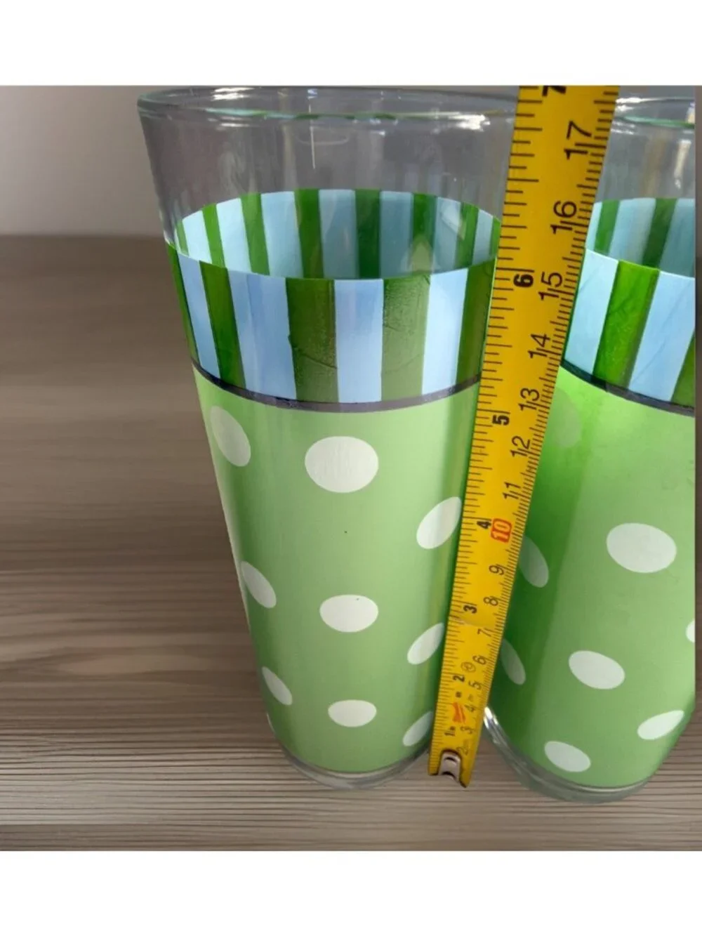 6 Gail Pittman Provence Tom Collins Highball Ice Tea Glasses Green Polka Dot MCM